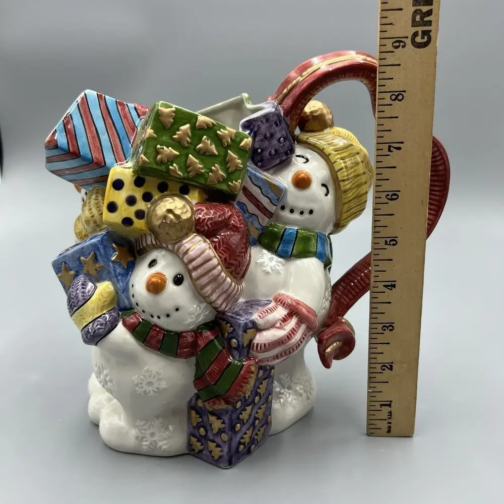 VTG Fitz‎ & Floyd Frosty Folks Snowman Pitcher 90s Ceramic Christmas 1.5 Qt
